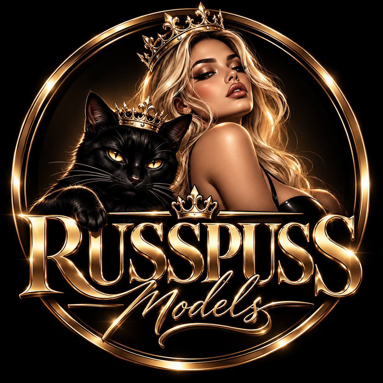 RussPuss Models — золотой логотип с девушкой и чёрным котом